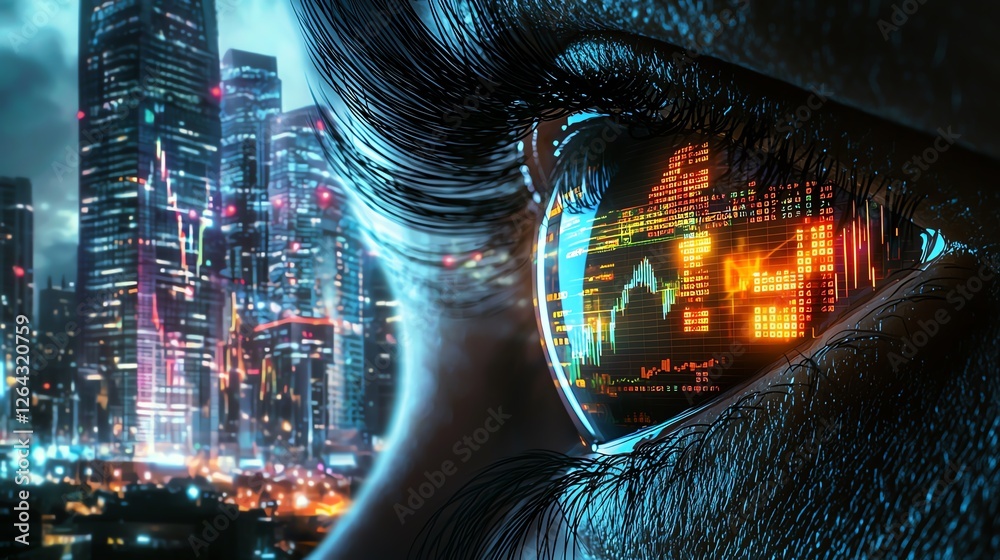 Eye reflecting digital cityscape at night. Eye reflecting digital cityscape at night.