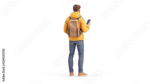 Obraz na płótnie Young man in a yellow jacket holding a tablet while standing against a white background w salonie