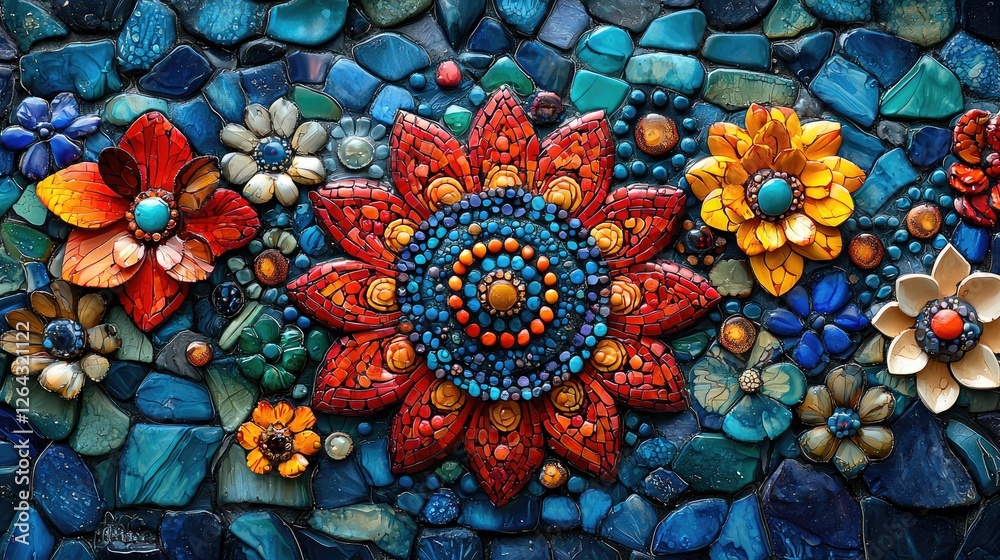 Colorful mosaic artwork featuring vibrant flowers and intricate designs against a textured background