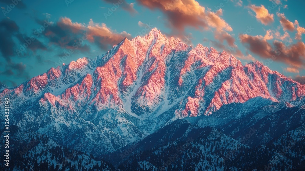 Majestic snow-capped mountain range illuminated by sunset, with vibrant clouds in the background