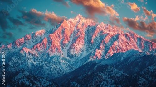 Obraz na płótnie Majestic snow-capped mountain range illuminated by sunset, with vibrant clouds in the background w salonie