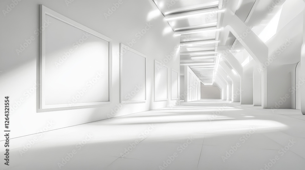 Obraz premium White room, corridor background, museum space 3d render. Art gallery, exhibition hall interior with blank white frames hanging on wall, spotlight illumination on ceiling, Realistic vector illustration