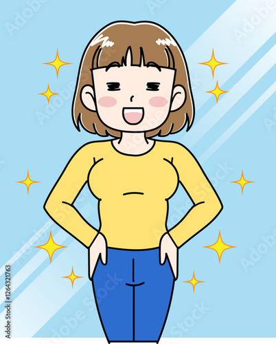 鏡の前で痩せた自分に自信を持つ女性のイラスト