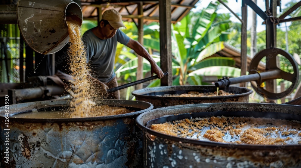 Worker Pouring Crushed Material in Rural Facility Industrial Action for Sustainable Resource Management Worker Pouring Crushed Material in Rural Facility Industrial Action for Sustainable Resource Management