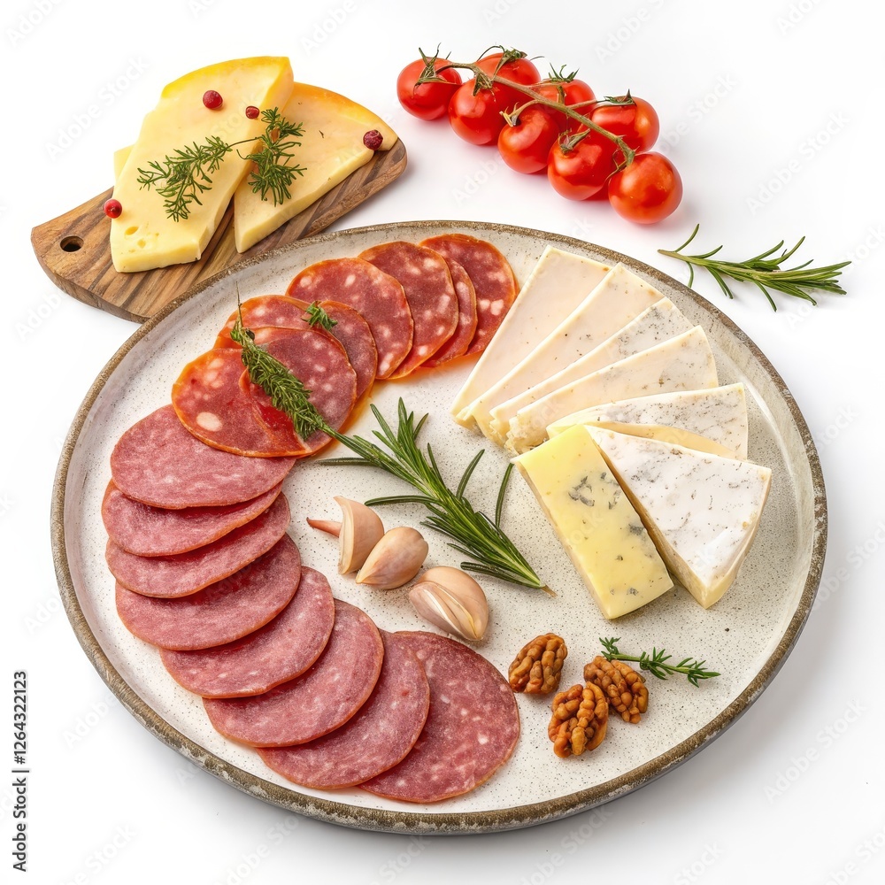 Gourmet Cheese and Salami Platter Composition of Sliced Meats, Cheeses and Herbs, Appetizer, Food Styling, Charcuterie Board Charcuterie, Appetizer