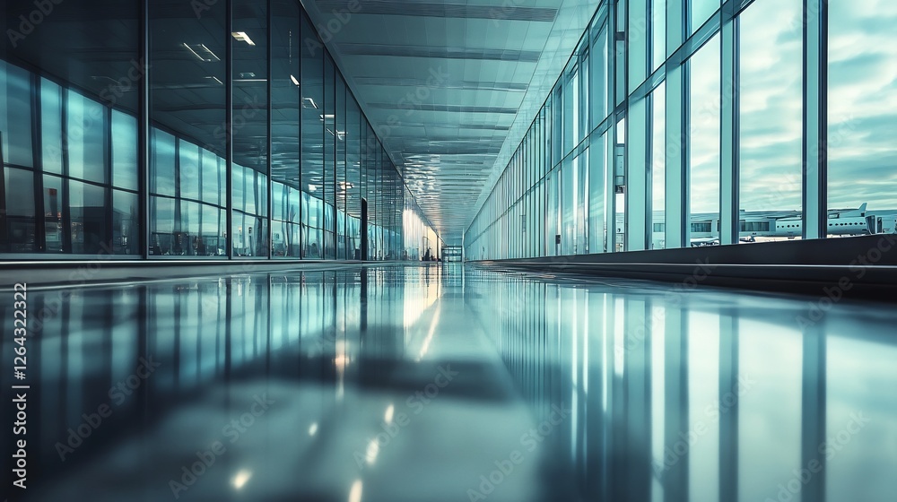 Fototapeta premium Modern Glass Corridor: Serene Airport Interior Reflections