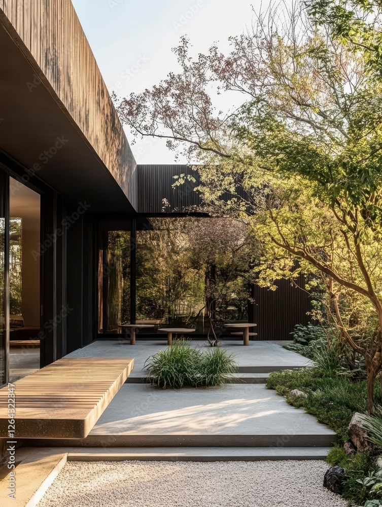 Contemporary house exterior features serene garden and architectural elements Contemporary house exterior features serene garden and architectural elements