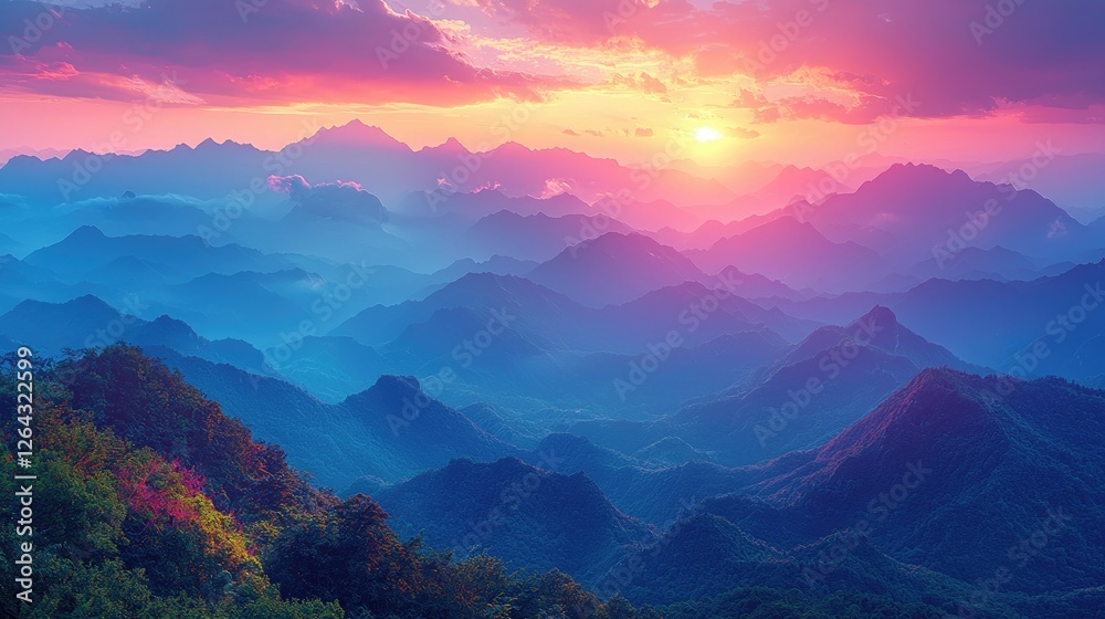 Majestic sunset over layered mountain ranges with vibrant colors and serene atmosphere