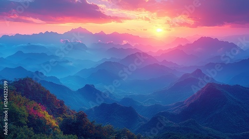 Obraz na płótnie Majestic sunset over layered mountain ranges with vibrant colors and serene atmosphere w salonie