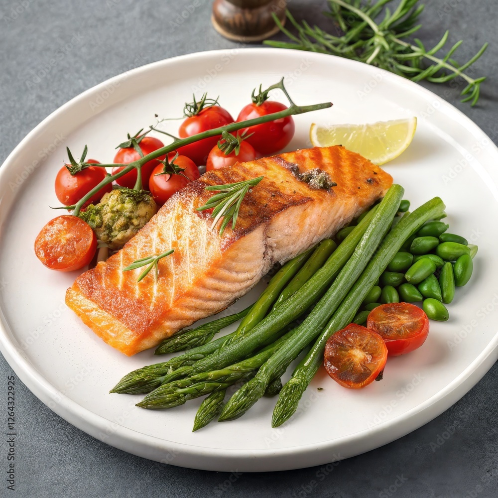 Pan-Seared Salmon with Asparagus, Cherry Tomatoes and Lemon, Healthy Recipe, Food Photography Salmon, Recipe Pan-Seared Salmon with Asparagus, Cherry Tomatoes and Lemon, Healthy Recipe, Food Photography Salmon, Recipe