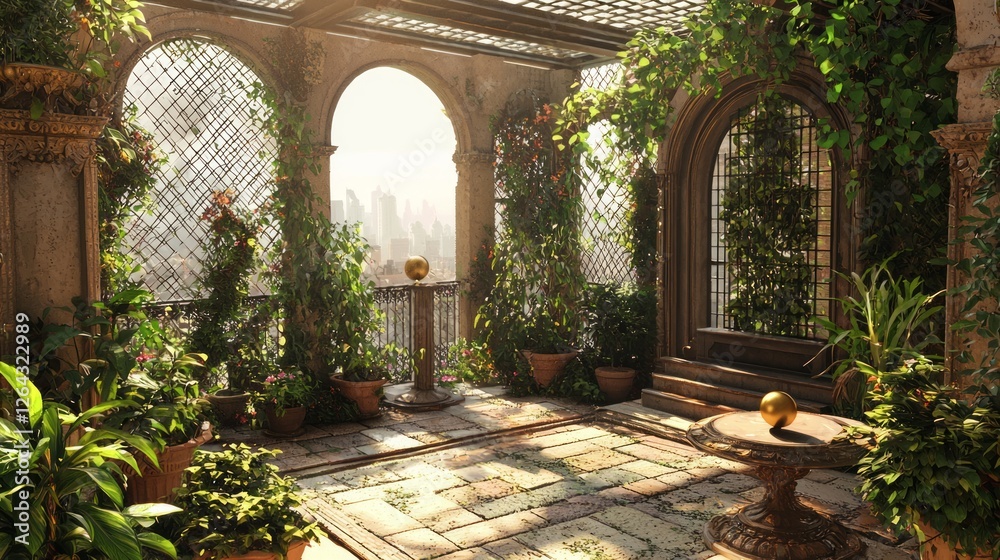 Fototapeta premium Enclosed Rooftop Patio with Lush Greenery and Scenic City View