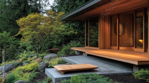 Modern cedar house exterior blending into lush green landscape