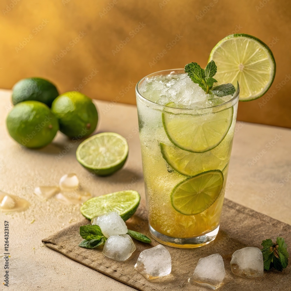Refreshing Lime Fizz Cocktail Close-up Photography, Iced Drink, Summer Beverage, Lime, Mint, Cocktail Recipe Lime, Cocktail