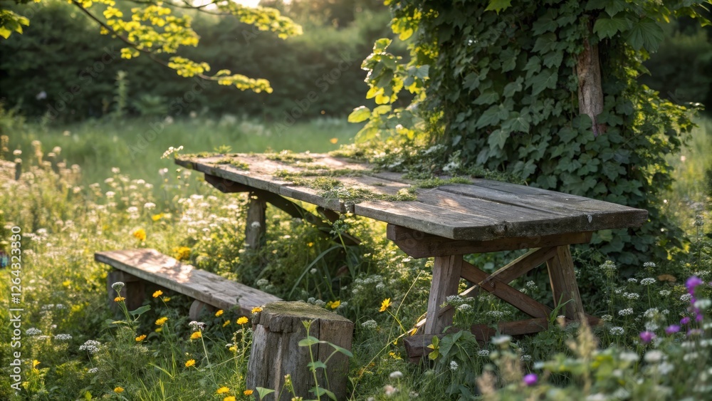 Naklejka premium Rustic Wooden Picnic Table in Wildflower Meadow, Outdoor Table and Bench, Summer Garden Scene, Nature Photography. Rustic, Garden