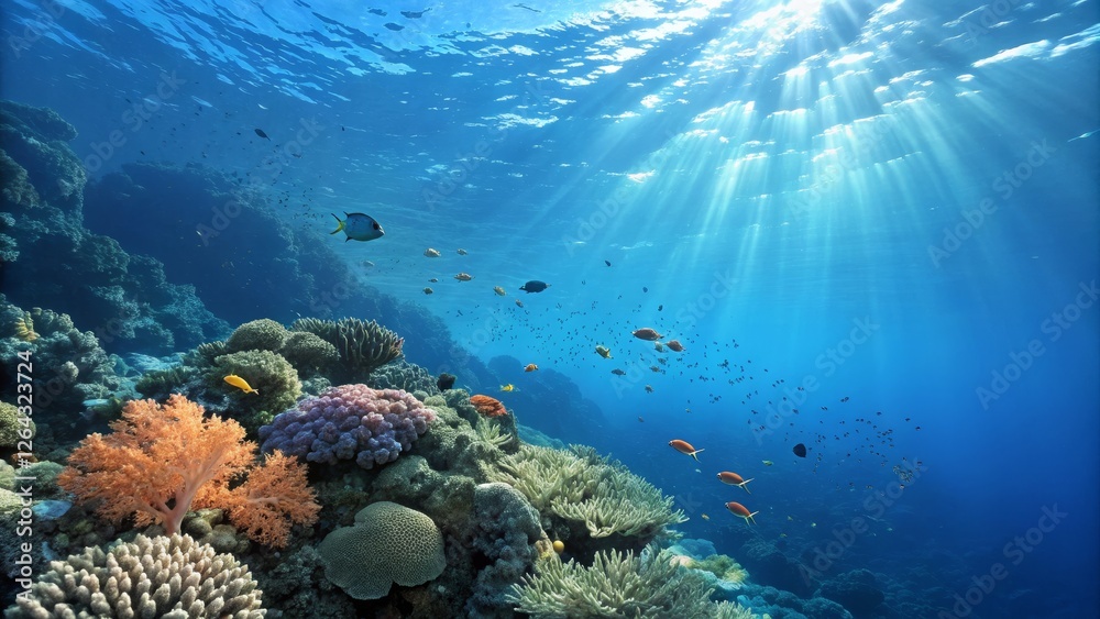 Naklejka premium Sunlit Coral Reef Vibrant Underwater Scene, Fish, Coral Composition, Ocean Life Coral Reef, Underwater Photography