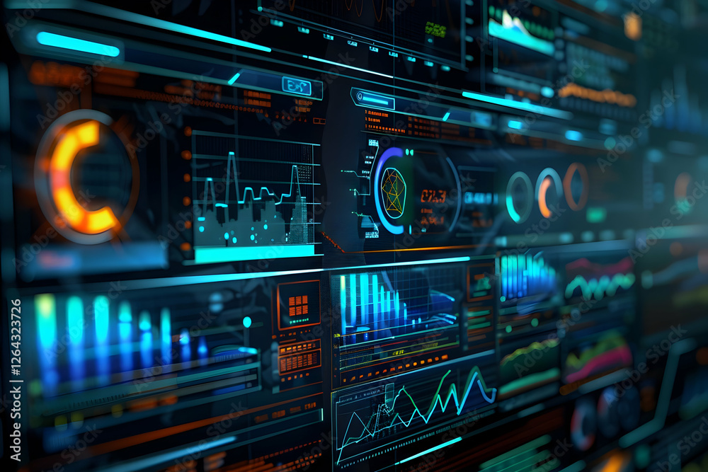 Naklejka premium Futuristic data visualization dashboard displaying various analytics and graphs in a tech environment