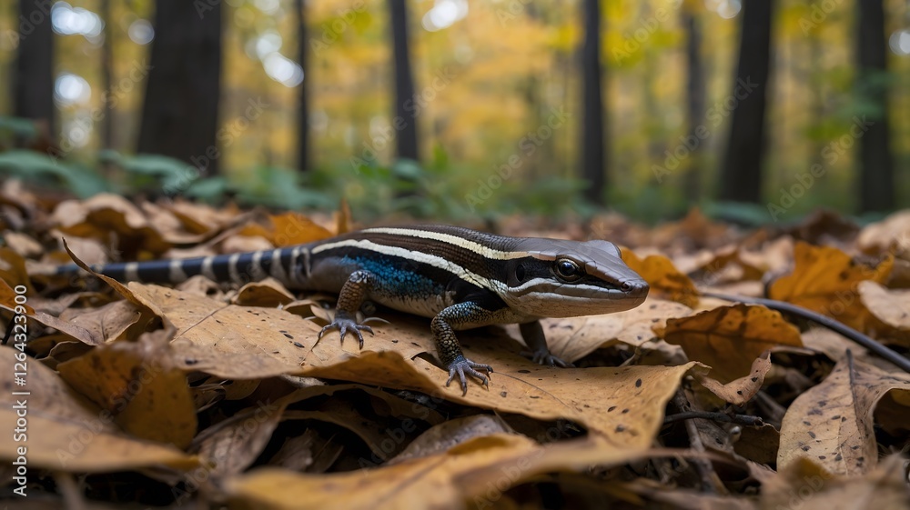 Naklejka premium Hidden in Nature: Skink Blending into Forest Floor with Fallen Leaves