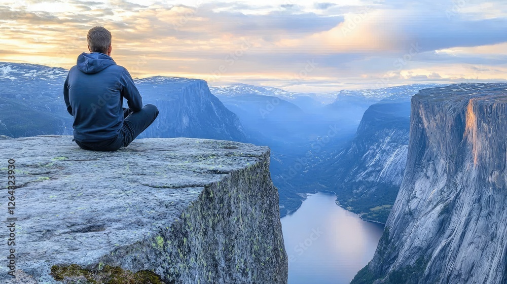 A person sitting on a cliff overlooking a serene fjord at sunset, with mountains in the background