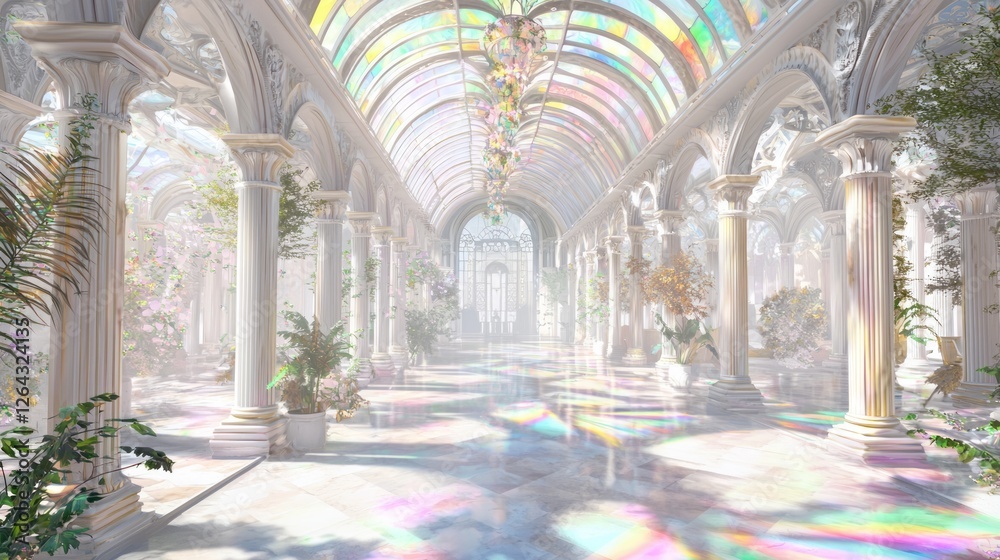 Fototapeta premium Elegant Conservatory with Marble Flooring and Colorful Light Effects