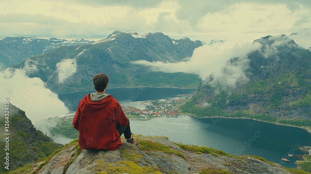 Person in a red jacket gazes at a breathtaking mountain landscape with a serene fjord below