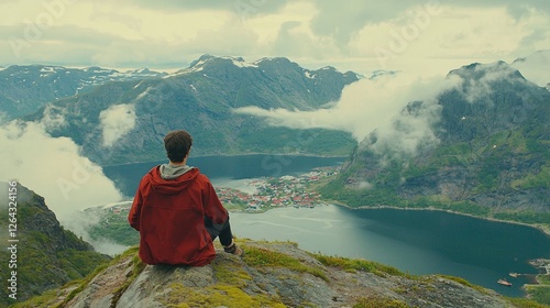 Obraz na płótnie Person in a red jacket gazes at a breathtaking mountain landscape with a serene fjord below w salonie