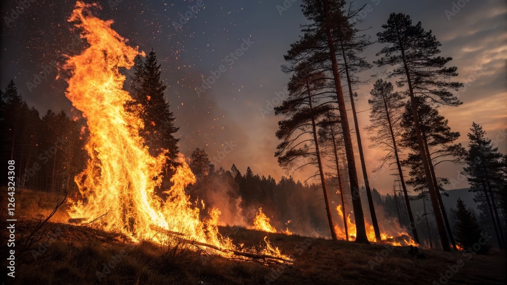 Wildfire Inferno Tall Flames Engulfing Forest at Dusk, Landscape Photography, Nature, Disaster, Fire, Wildfire Wildfire, Forest Fire