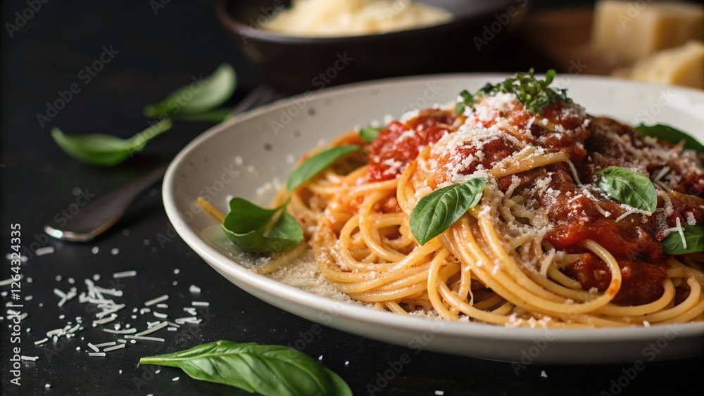 A delicious plate of spaghetti topped with rich tomato sauce, fresh basil, and grated cheese, served elegantly on a dark background. A delicious plate of spaghetti topped with rich tomato sauce, fresh basil, and grated cheese, served elegantly on a dark background.