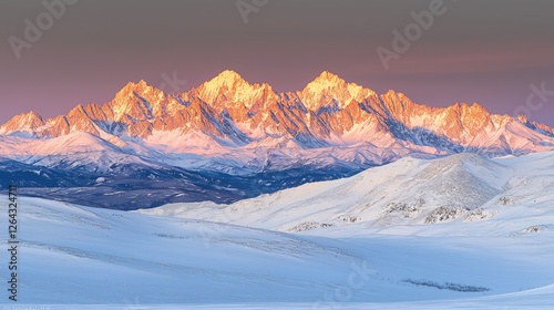 Obraz na płótnie Majestic snow-covered mountain range at sunrise, casting golden hues over the serene landscape w salonie