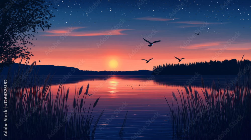 Naklejka premium Swamp and cattail near lake, night, morning or sunset vector background. Pond with bulrush in park. Shining water surface in river fantasy cartoon illustration. Wild nature landscape with flying birds