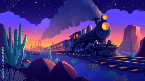 Magic railroad cartoon poster. Steam train riding night Wild west desert landscape with railroad, cacti and rocks under starry sky, vintage locomotive design for kids book or game, vector illustration