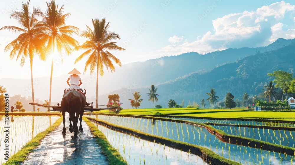 Naklejka premium Scenic Sunset Buffalo Pulling Cart Through Rice Fields - Tropical Rural Landscape Photography