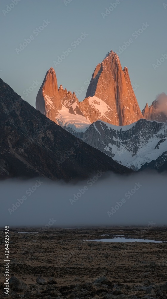 Majestic mountain peaks illuminated by sunrise, surrounded by mist and valleys, showcasing nature's beauty