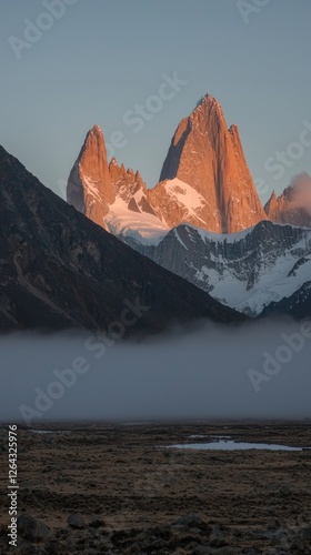 Obraz na płótnie Majestic mountain peaks illuminated by sunrise, surrounded by mist and valleys, showcasing nature's beauty w salonie