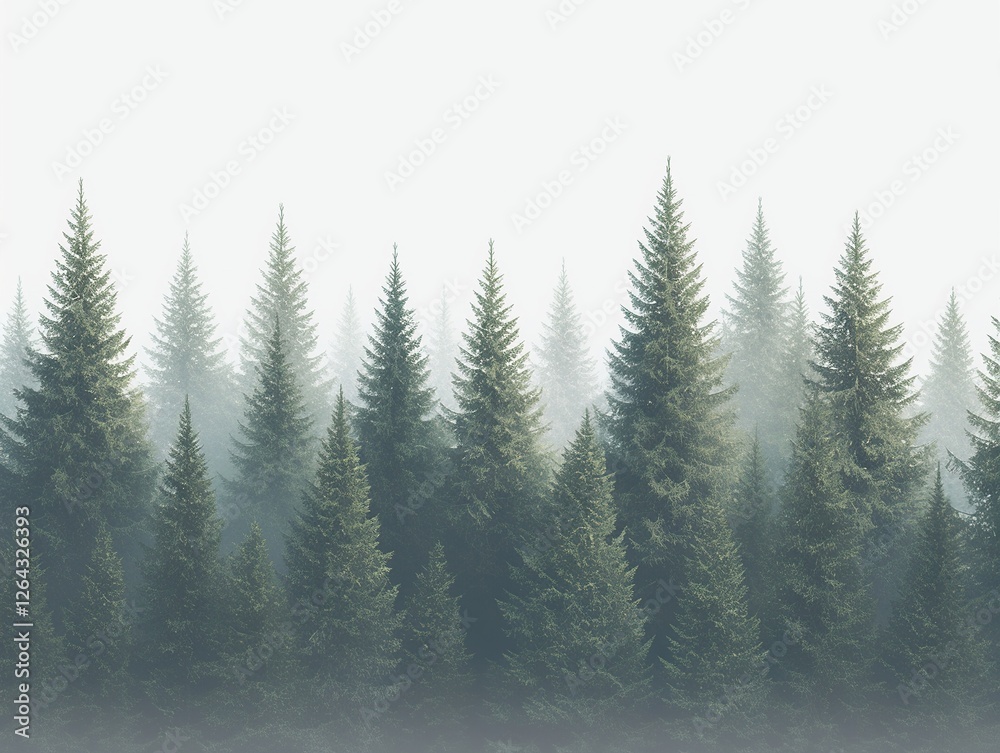 Fototapeta premium Misty conifer forest landscape, morning fog, nature background