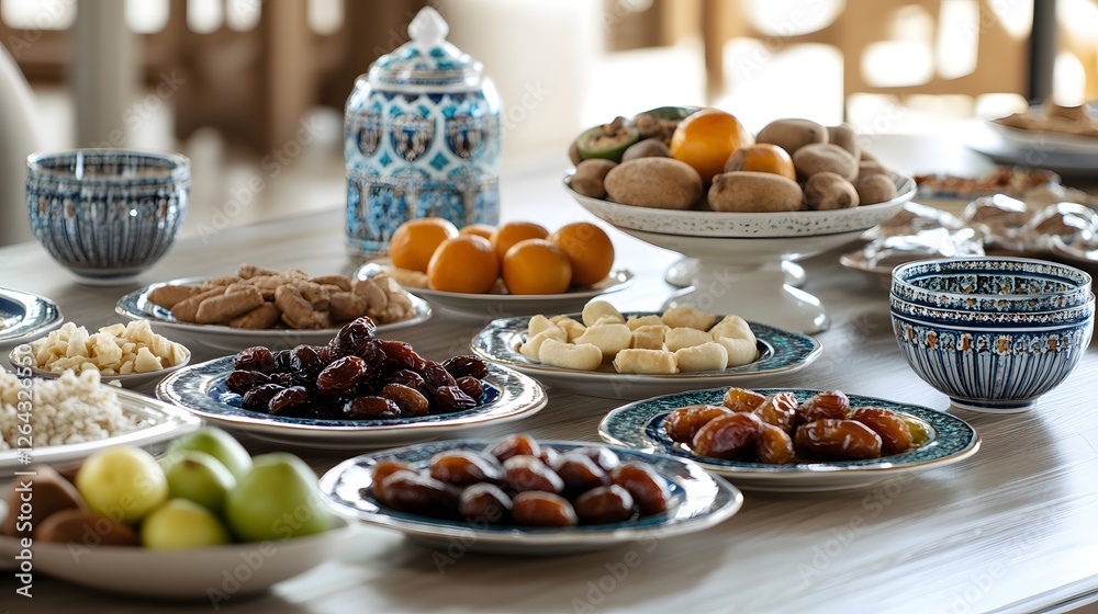Fototapeta premium A Table Set with Dates, Fruits, Nuts, and Other Treats