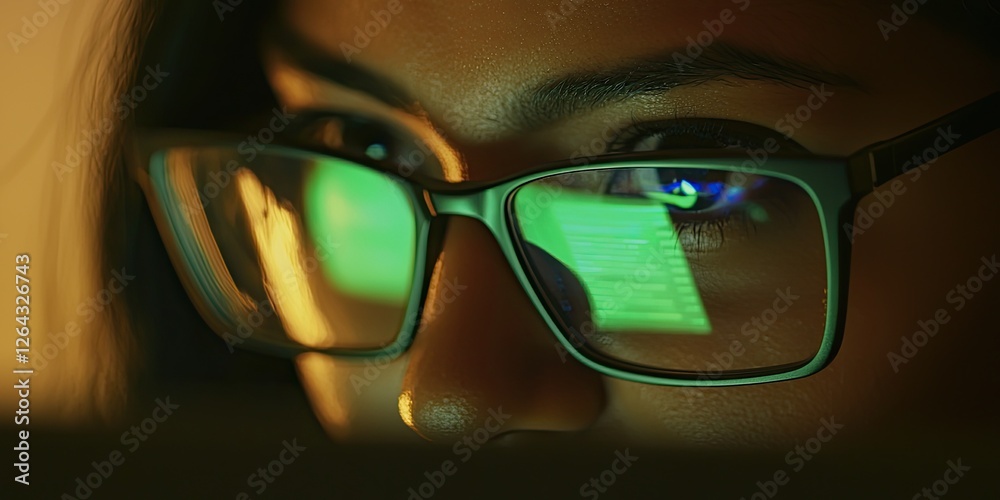 a woman reviewing security protocols on her laptop, the reflection in her glasses adding depth to her serious and focused expression. a woman reviewing security protocols on her laptop, the reflection in her glasses adding depth to her serious and focused expression.