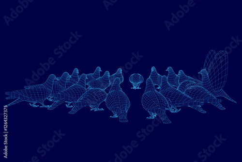 A flock of pigeons are sitting on a blue background. The image is a digital rendering of the birds