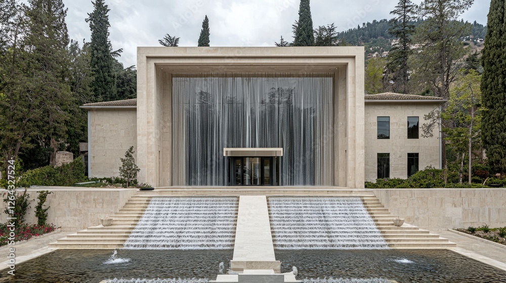 Modern architectural masterpiece with cascading water feature surrounded by lush greenery