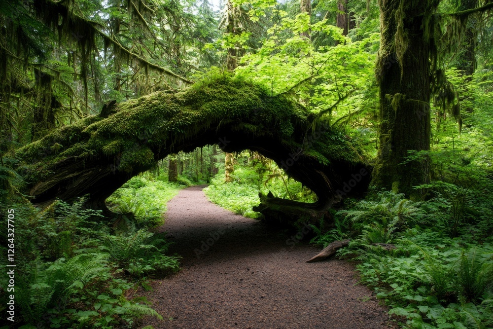 Obraz premium Hiking trail through lush forest with moss covered fallen tree creating arch