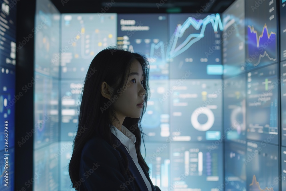 Professional analyzing data on screens in a futuristic workplace Professional analyzing data on screens in a futuristic workplace