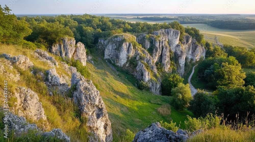 Scenic view of rugged cliffs amidst lush greenery with a winding path in the serene countryside