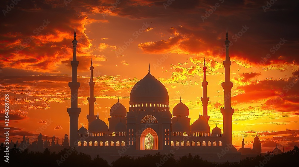 Majestic silhouette of a grand mosque at sunset, showcasing intricate architecture against vibrant sky