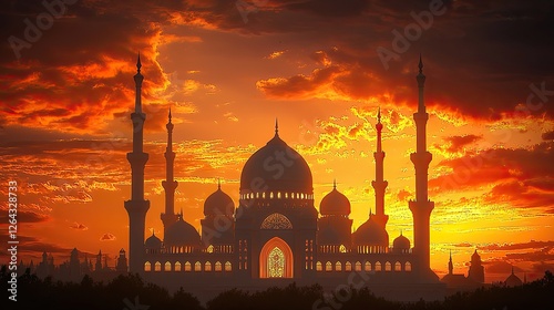 Obraz na płótnie Majestic silhouette of a grand mosque at sunset, showcasing intricate architecture against vibrant sky w salonie