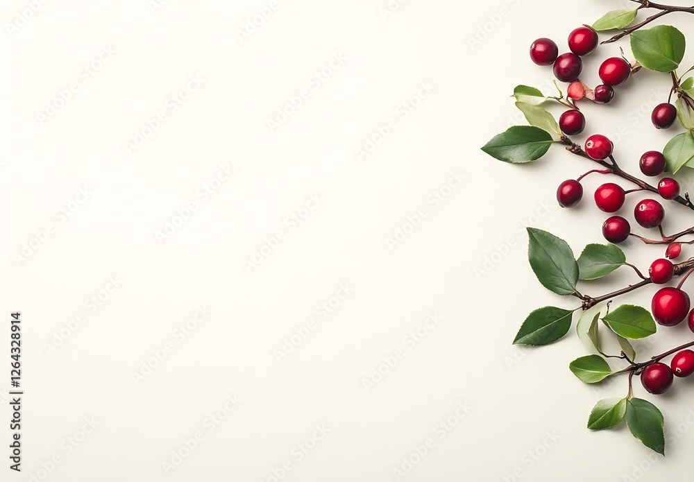 Fototapeta premium Vibrant Red Cranberries & Lush Green Leaves on White