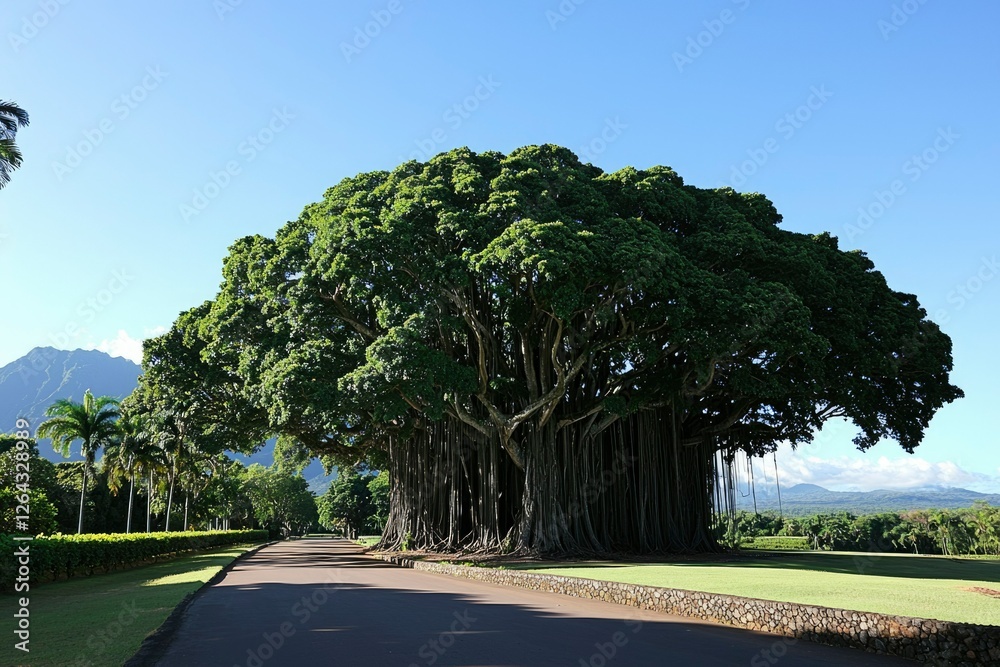 Obraz premium Banyan Tree along a road in Kauai, Hawaii, on a sunny day. Use Tourism