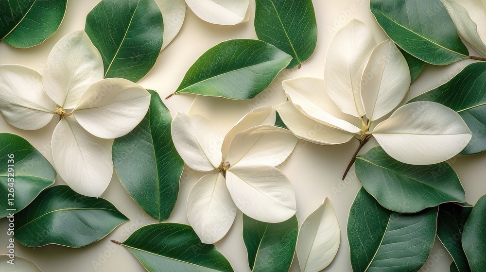 Close-up of magnolia flowers and green leaves arranged artistically on a light background