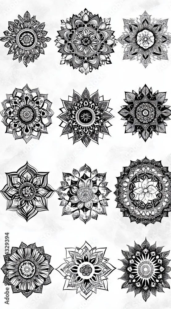 A set of black and white mandala patterns, vector graphics on an isolated background, suitable for various applications in design work or as clip art. A set of black and white mandala patterns, vector graphics on an isolated background, suitable for various applications in design work or as clip art.