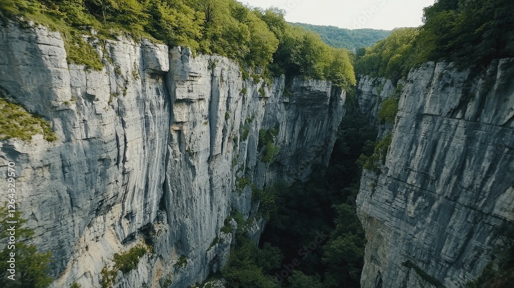 Majestic canyon landscape with steep cliffs, lush greenery, and serene river in the valley below