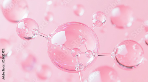 Pink background with collagen cell pattern for skin care concept. Realistic 3d vector illustration with oil ball drop and liquid cosmetic sphere with molecule inside. Face and body moisture essence.
