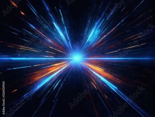 Abstract Digital Art: Bright Blue Circle with Multicolored Light Rays on Dark Background  Futuristic and Dynamic Energy Movement.